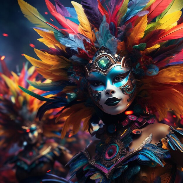 Photo femme à la fête du carnaval au brésil portant un masque coloré