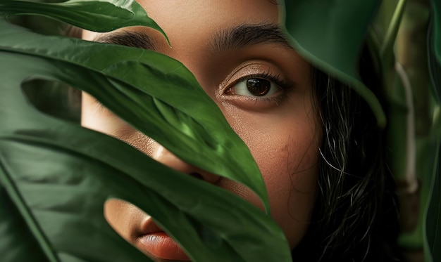 Photo une femme en feuilles vertes dans la jungle