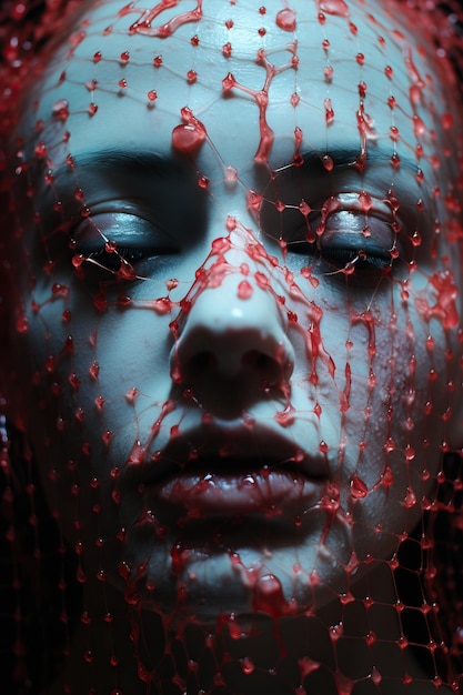 une femme avec un filet rouge couvrant son visage