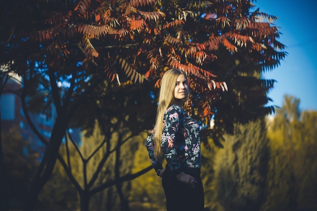 Femme fille blonde aux cheveux longs dans une forêt avec des arbres aux feuilles rouges. Elle est heureuse confiante dans une séance photo. Parc d'automne journée chaude ensoleillée. Notion romantique.