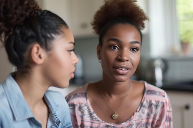 une femme et une fille parlent dans une cuisine