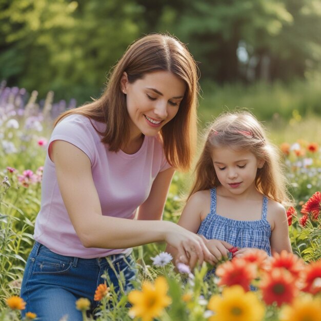 Une femme et une fille regardent des fleurs. Mères heureuses.