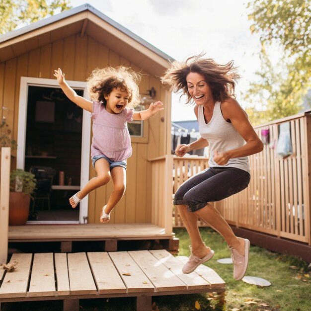 une femme et une fille sautent dans une maison de jeux avec une fille sautant du pont