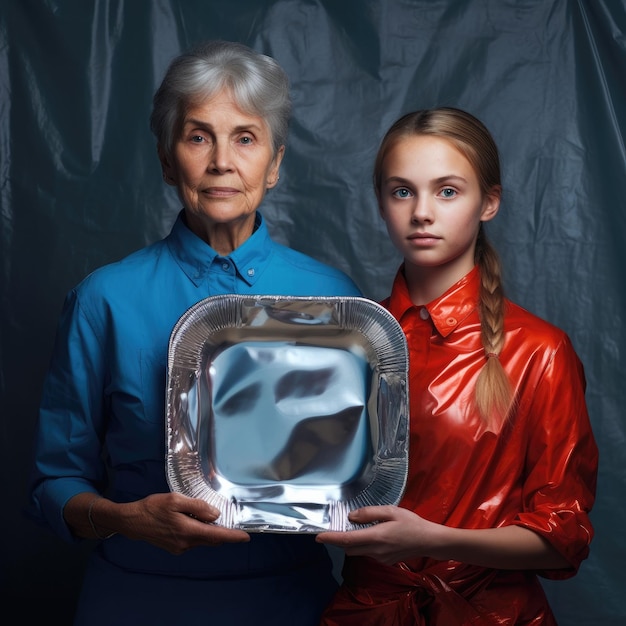 Une femme et une fille tenant un plateau d'argent