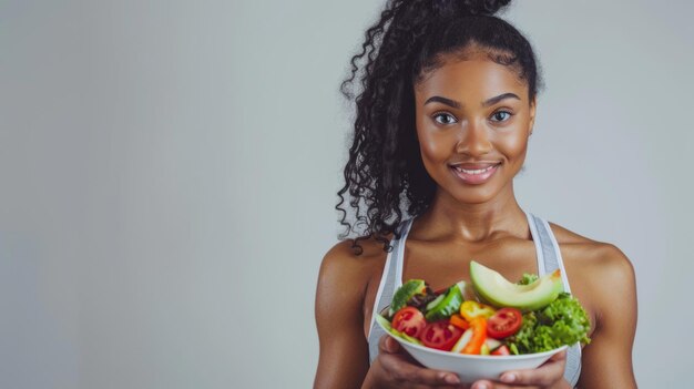 Une femme de fitness africaine tenant un bol de salade de légumes