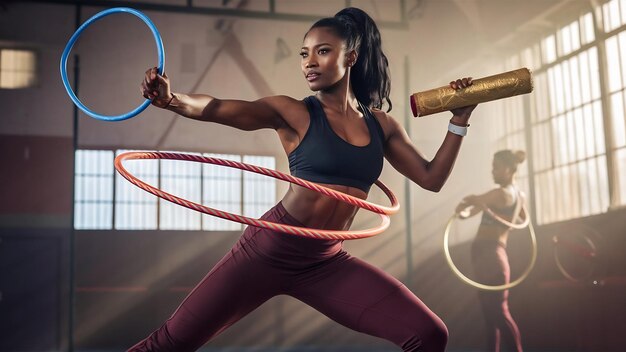 Photo une femme de fitness à la peau foncée travaille avec des hula hoops et tient un karemat roulé pour s'entraîner.