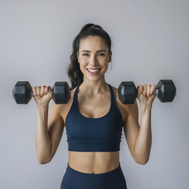 Photo une femme de fitness souriante faisant de l'exercice avec des haltères isolés sur un fond blanc