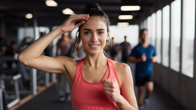 Photo une femme de fitness souriante en tenue de sport essuie la sueur du front et a l'air satisfaite de l'entraînement et du jogging