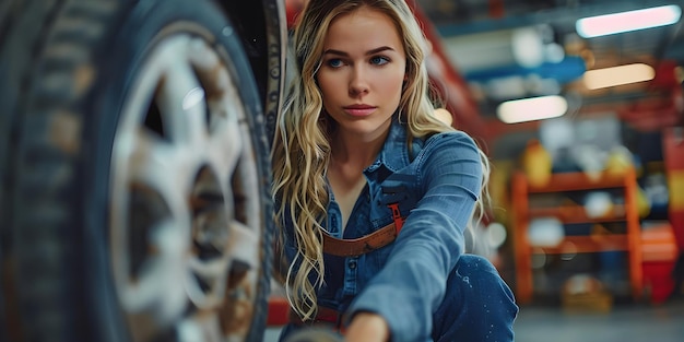 Photo femme fixant des roues en alliage sur un pneu de voiture dans un garage concept maintenance automobile réparation de voitures roues en allumage scène de garage