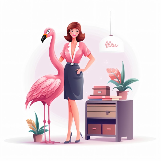 Une femme flamante rose, une secrétaire de bureau, des gens, des animaux.