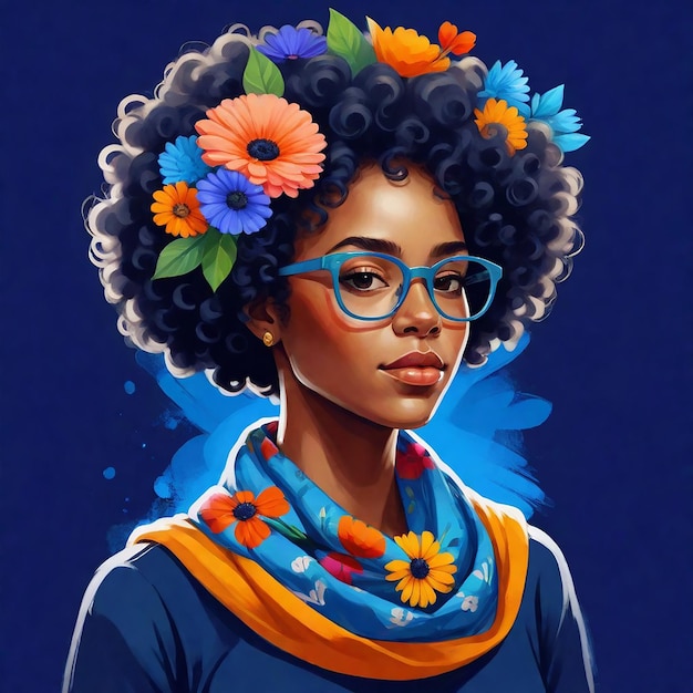 une femme avec une fleur dans les cheveux porte un foulard qui dit "elle porte une chemise bleue"