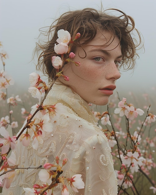 une femme avec une fleur dans les cheveux