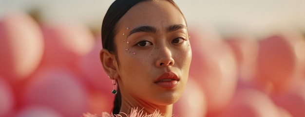 Femme avec une fleur rose dans sa bannière de cheveux