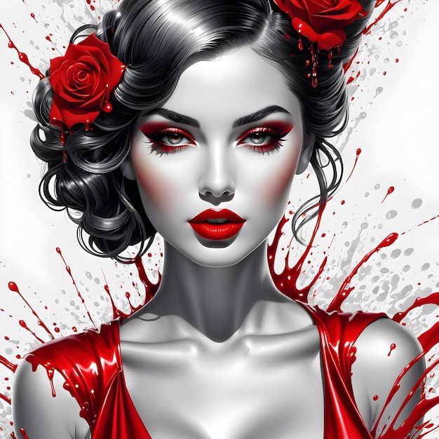 une femme avec une fleur rouge dans ses cheveux porte une robe rouge avec des roses rouges