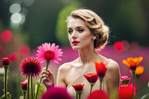 une femme avec une fleur rouge à la main se tient dans un champ de fleurs.