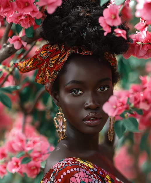 une femme avec une fleur sur la tête se tient devant une fleur rose