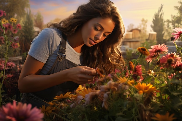 une femme fleuriste s'occupe des fleurs dans le jardin