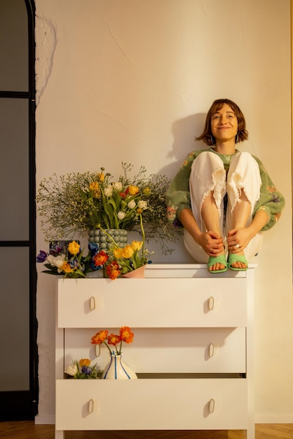 Femme avec des fleurs sur une commode à l'intérieur