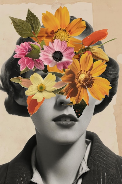 une femme avec des fleurs couvrant ses yeux et une photo d'une femme avec une fleur dans ses cheveux