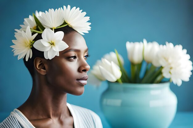 une femme avec des fleurs dans les cheveux et une fleur dans les cheveux.