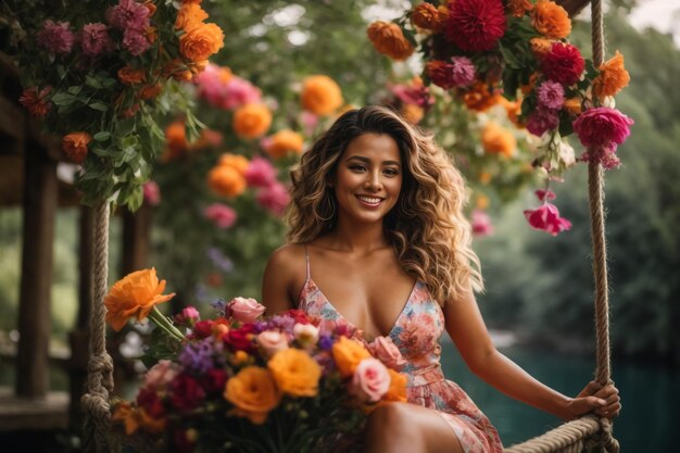 Une femme en fleurs joyeuse se balançant avec des fleurs