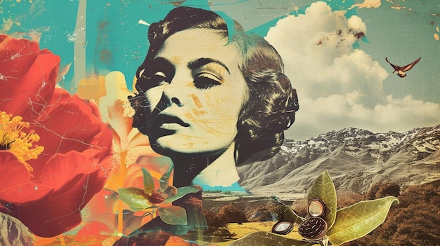 femme avec des fleurs et des montagnes en arrière-plan concept de collage rétro contemporain