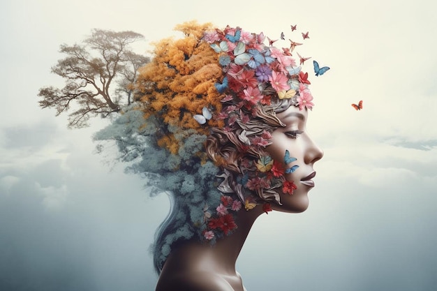 une femme avec des fleurs et des papillons dans les cheveux