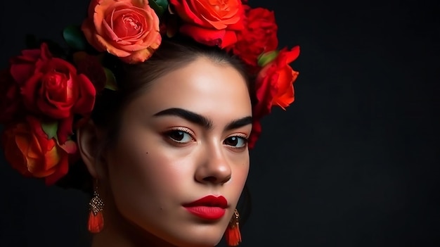 Une femme avec des fleurs rouges sur la tête