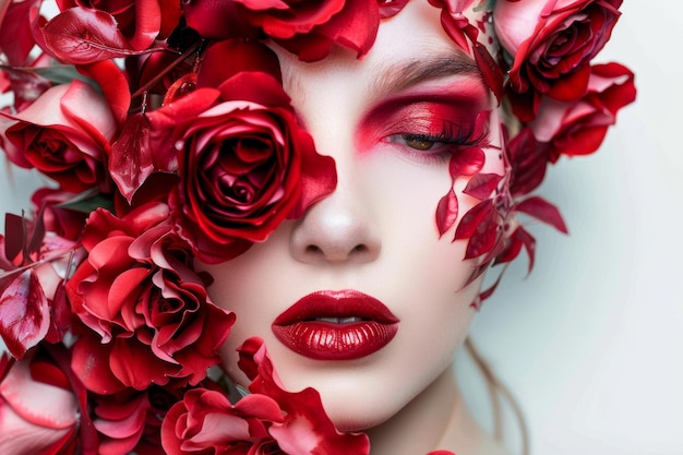 Femme avec des fleurs rouges sur le visage AI générative