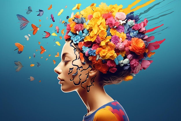 une femme avec des fleurs sur la tête est entourée de papillons concept de santé mentale et de bien-être