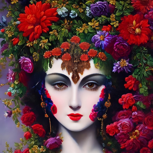 Une femme avec des fleurs sur la tête est représentée dans un tableau.