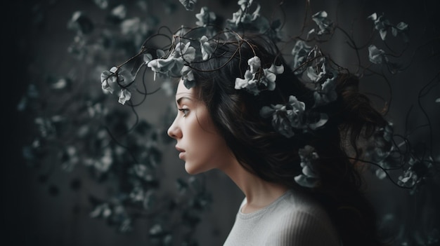 Une femme avec des fleurs sur la tête