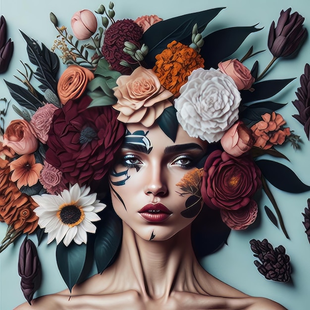 Une femme avec des fleurs sur la tête