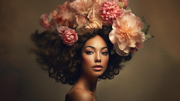 Une femme avec des fleurs sur la tête