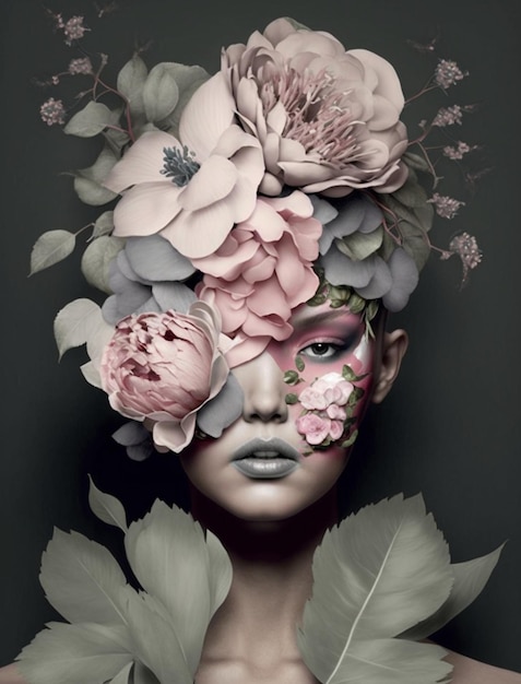 Une femme avec des fleurs sur le visage est représentée avec une grande fleur sur la tête.