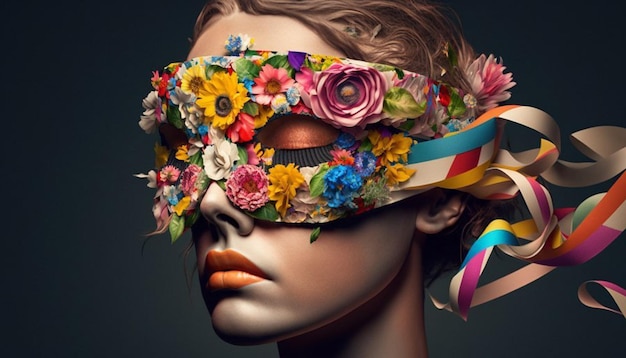 Une femme avec des fleurs sur le visage et un masque sur le visage