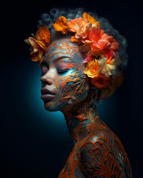 Une femme avec des fleurs sur le visage et le mot " hibiscus " dessus.