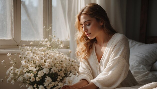 Photo une femme avec des fleurs.