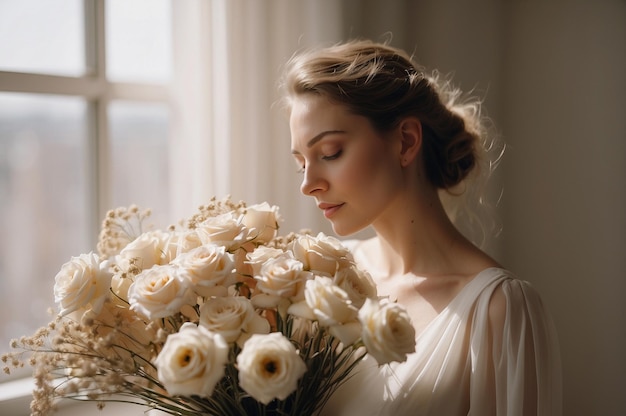 Photo une femme avec des fleurs.