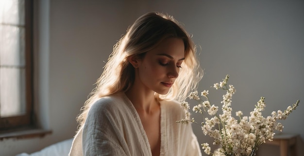 Photo une femme avec des fleurs.