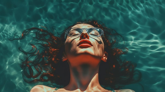 Une femme flottant dans une piscine avec ses yeux fermés