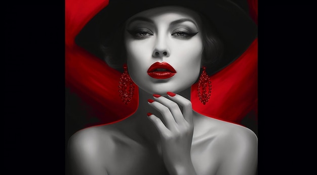 Une femme avec un fond rouge et un chapeau noir avec un fond rouge.