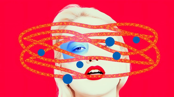 Photo une femme avec un fond rouge et des points bleus sur son visage.