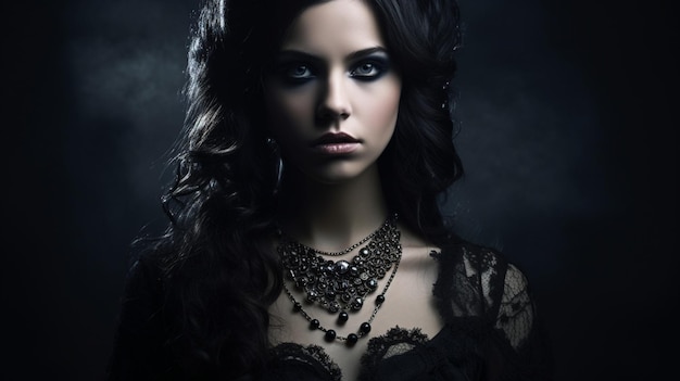Une femme avec un fond sombre et un collier qui dit "le côté obscur"