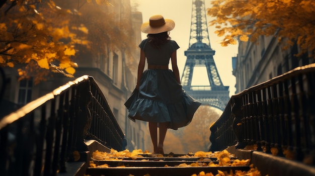 Une femme sur le fond de la tour Eiffel