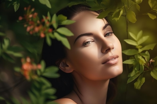 Une femme avec un fond vert et une plante verte au premier plan