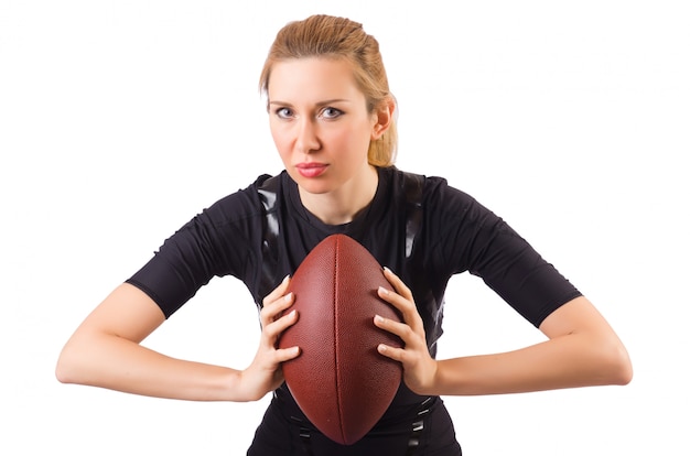 Femme, football américain, isolé, blanc