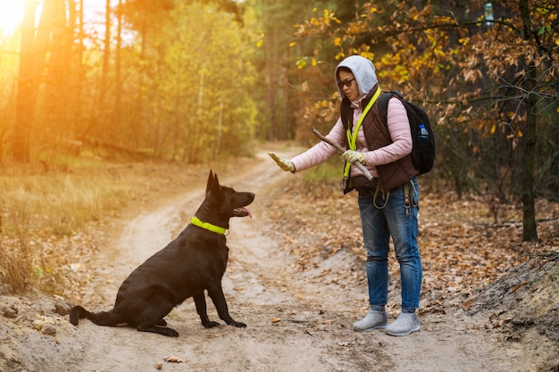 Femme, formation, chien, randonnée, forêt