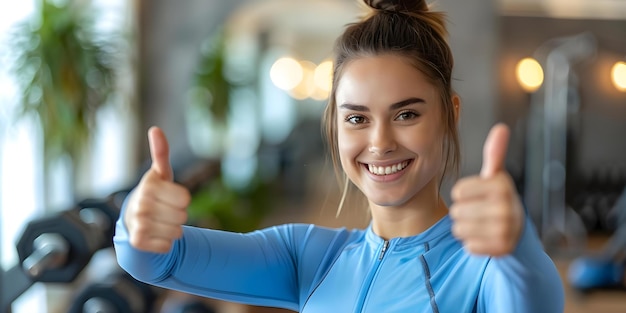 Une femme en forme en combinaison bleue dans une salle de sport à domicile donnant le pouce en l'air Concept Fitness Style de vie actif Homework Motivation Attitude positive