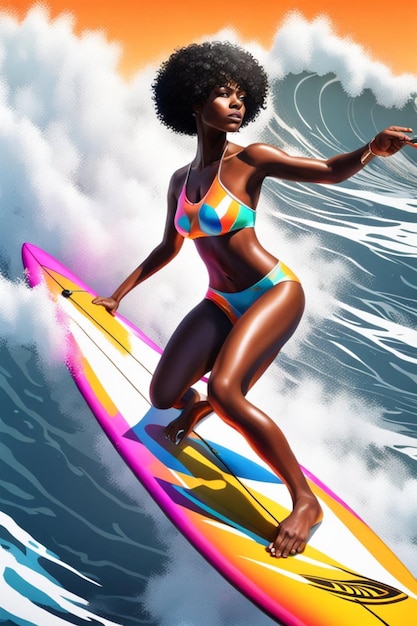 femme en forme musclée noire surfant sur l'illustration des vagues